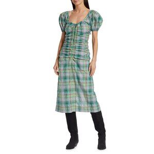 Ganni Lagoon Seersucker Check Puff Sleeve Ruched Midi Dress Plaid XS Designer